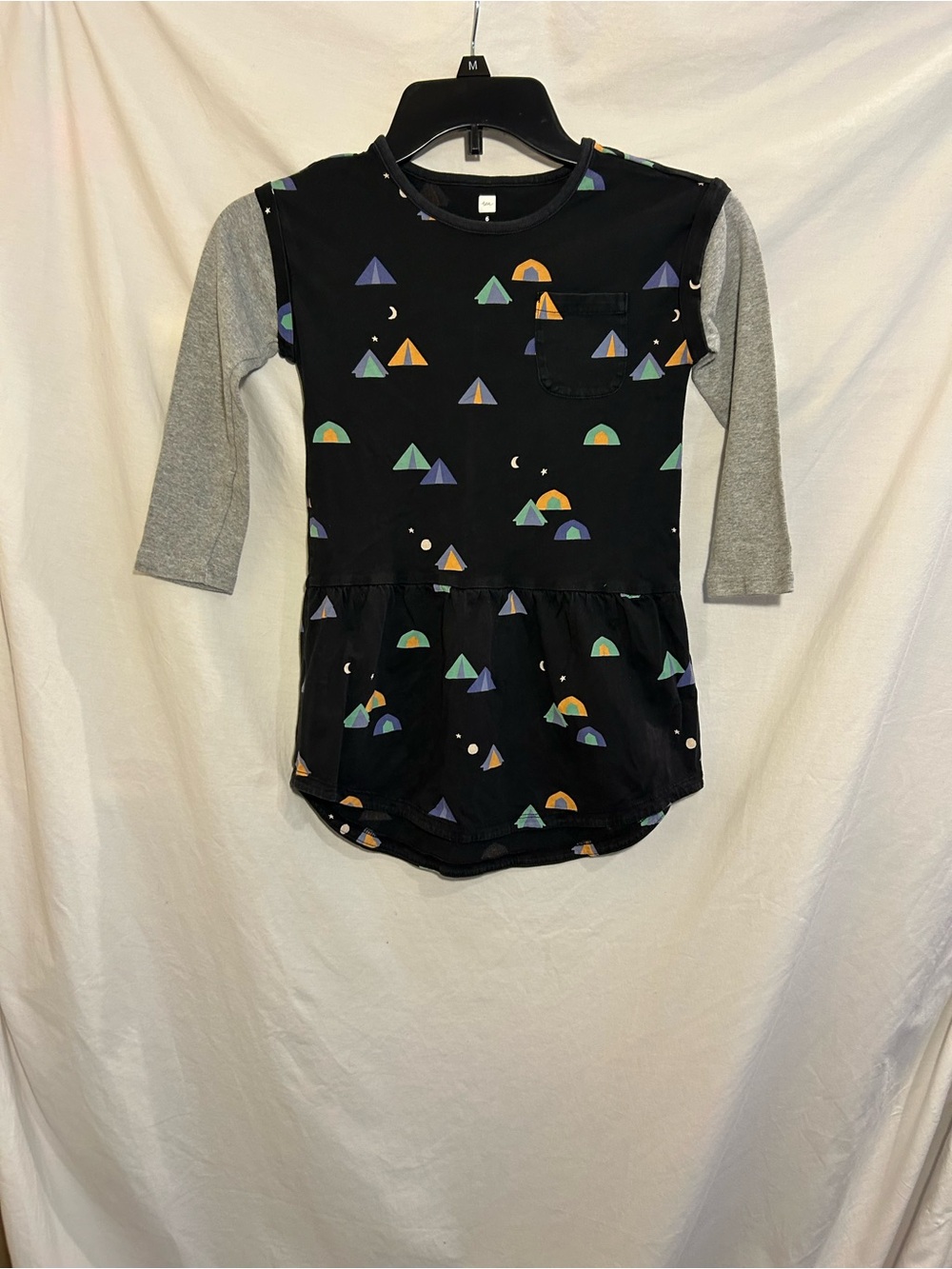 Tea Girls 6 Black Gray Raglan Sleeve Camping Print Lightweight Cotton Dress